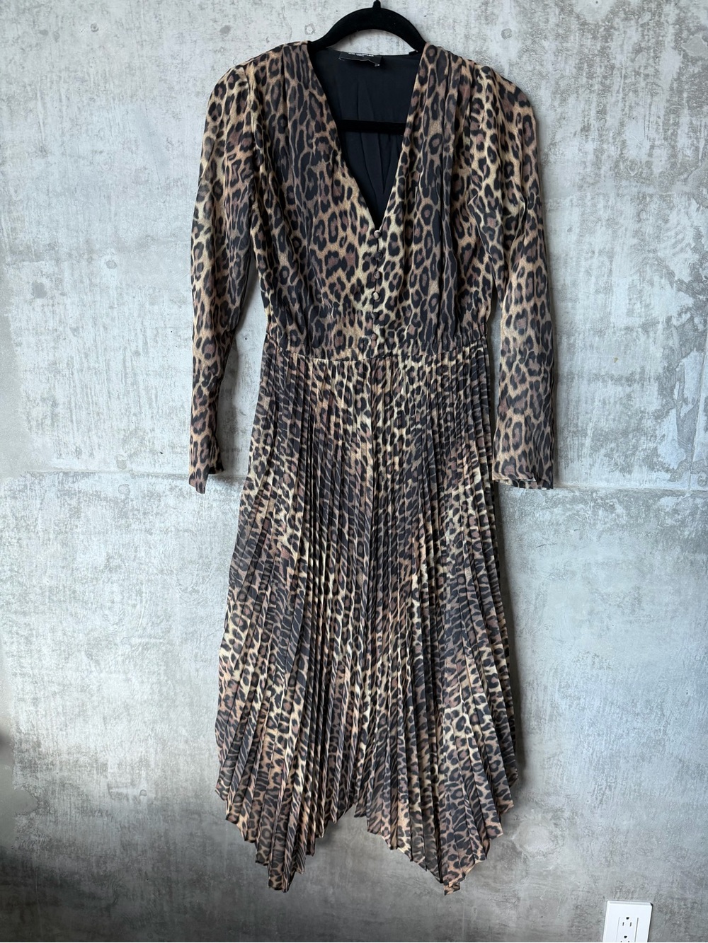 Kooples Leopard Print Pleated V-Neck Midi Dress
